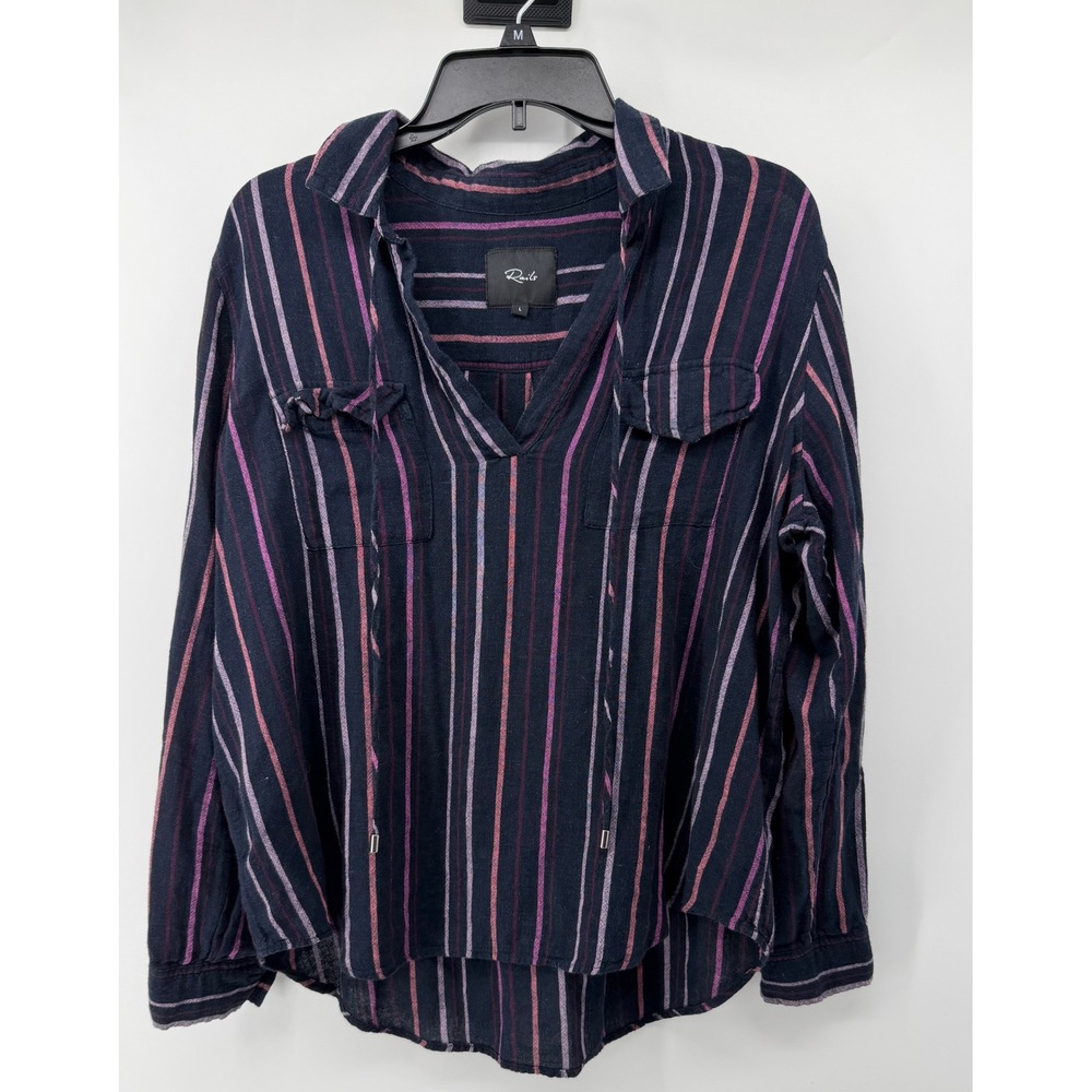 Rails Women Large Navy Purple Striped Linen Blend Split Neck Popover Blouse